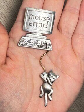 JJ Vintage Mouse Error Computer Brooch Dangling Cat Pewter Tone Pin 3.6"